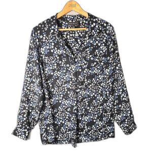 Lane Bryant Black Blue White Floral Collared Tunic Blouse 14 16 Plus